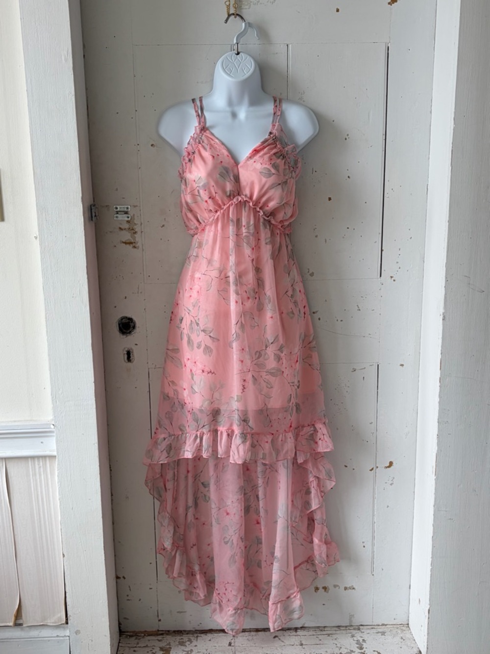 Pink Sheer Floral High-Low Ruffle Maxi Dress Fairycore